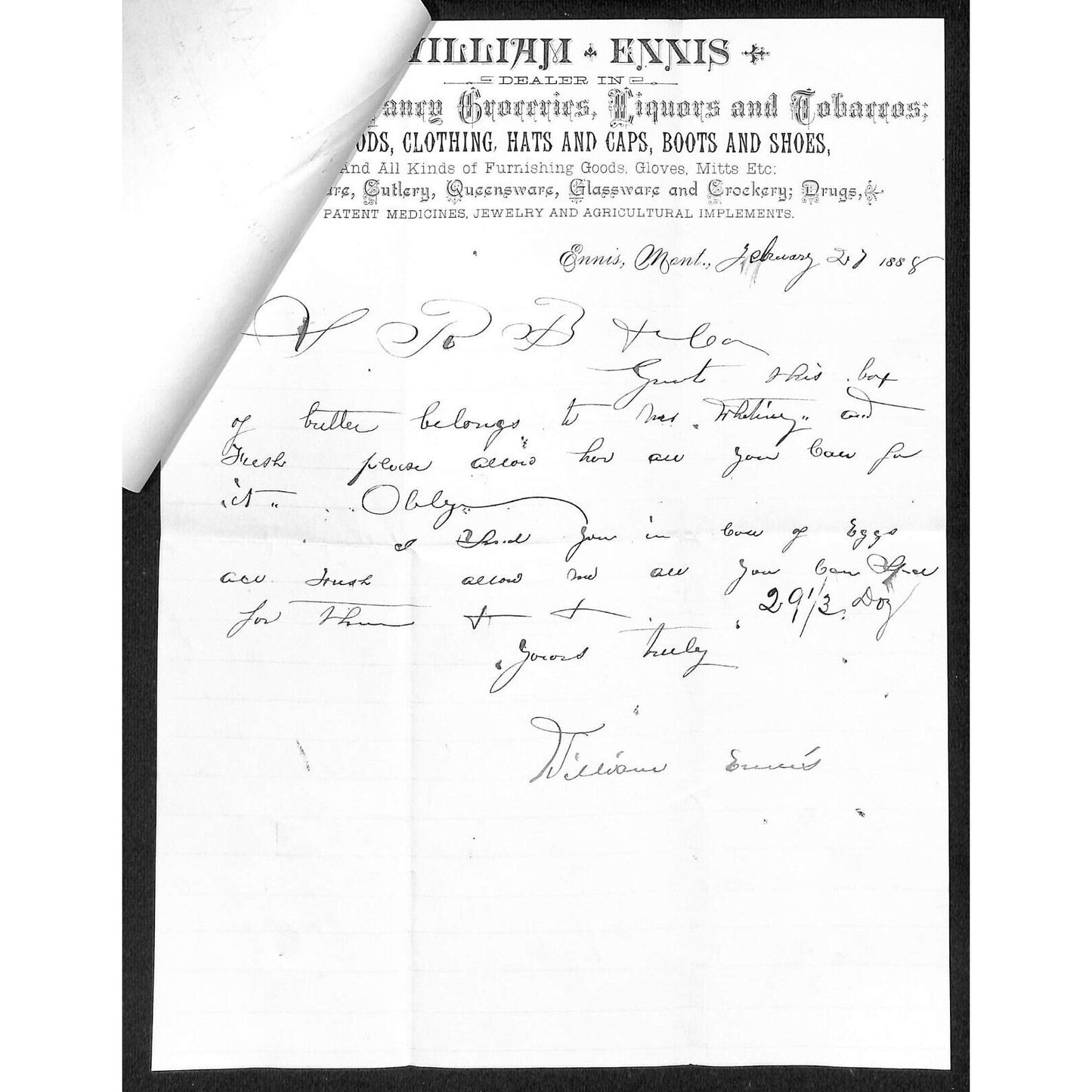 Ennis, MT William Ennis "Family Groceries" 1888 ALS Letterhead & Billhead Butter