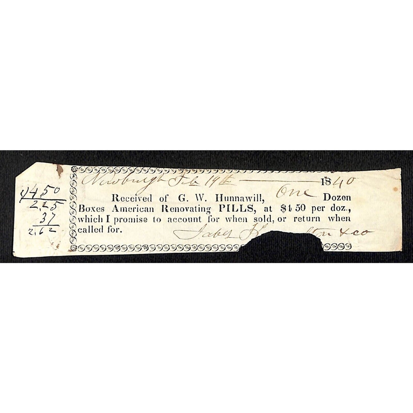 1840 Jabez Knowlton* Newburgh ME General Store Receipt Hunnawill Renovation Pill