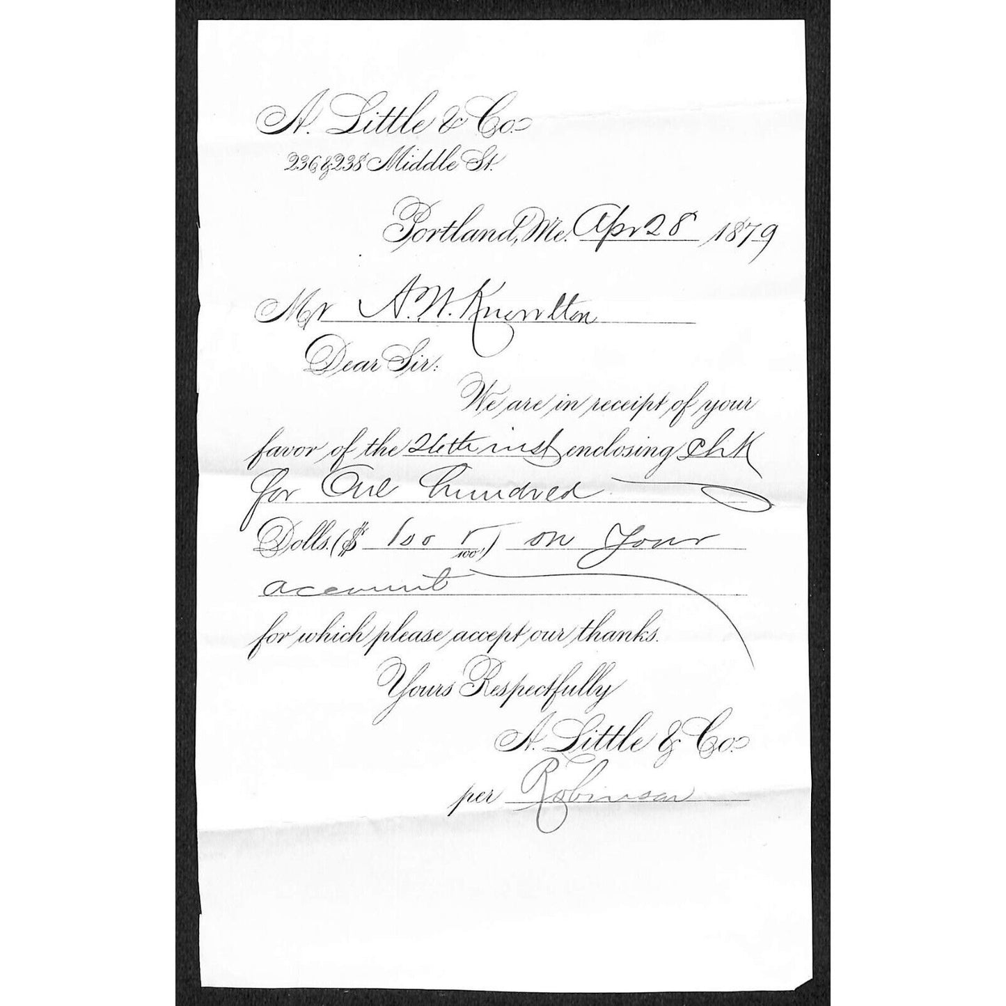 1879 A.W. Knowlton* Newburgh, ME A. Little & Co. Portland Receipt Dry Goods