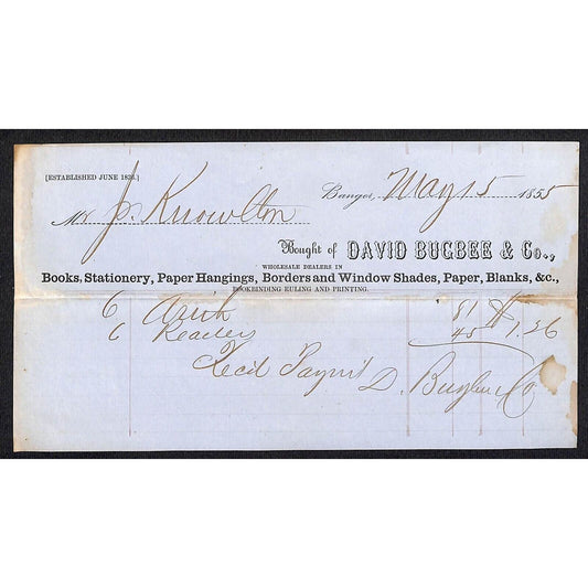 1855 Jabez Knowlton* Newburgh ME David Bucbee & Co Bangor Paper Hanging Billhead