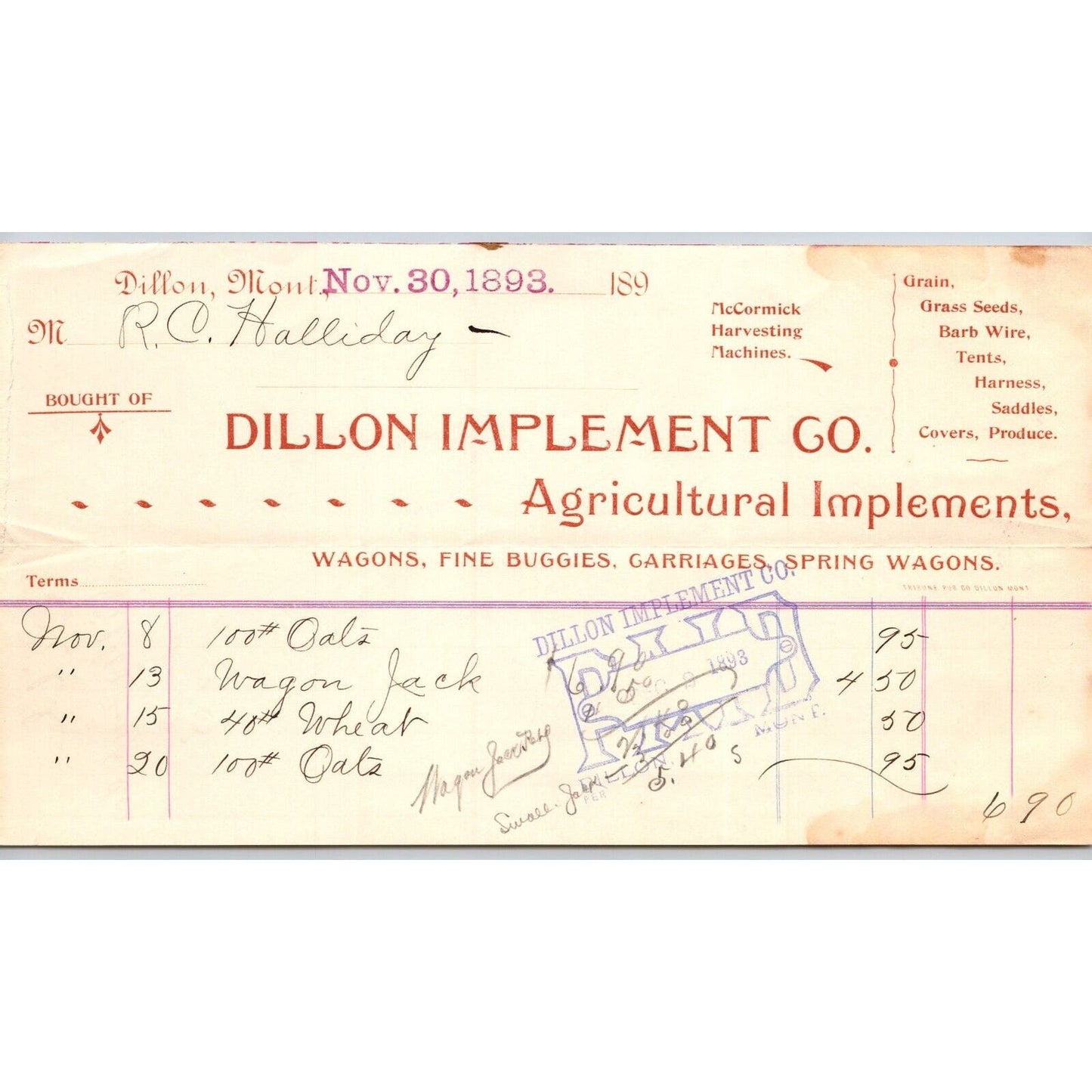 Dillon, MT Dillon Implements Co. Fine Buggies 1893 Billhead R.C. Halliday*