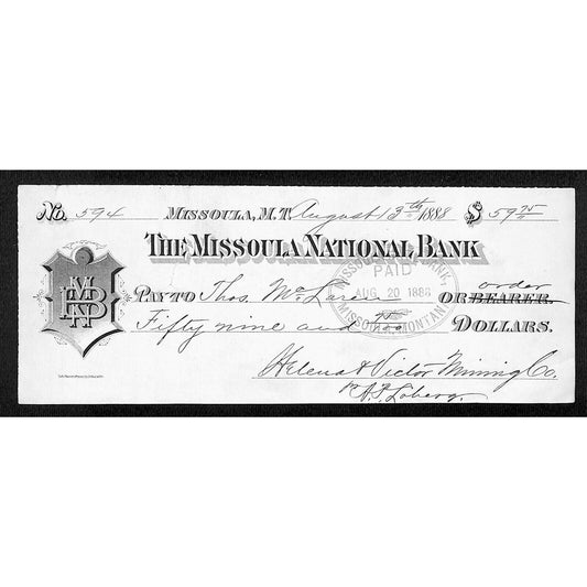 1888 Missoula National Bank Montana Territory Check Helena & Victor Mining #594