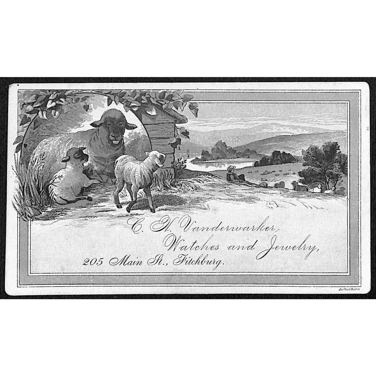 C.H. Vanderwarker Watches Jewelry Fitchburg (Mass) Victorian Trade Card w/ Lambs