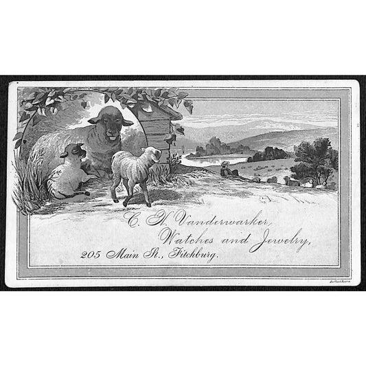 C.H. Vanderwarker Watches Jewelry Fitchburg (Mass) Victorian Trade Card w/ Lambs