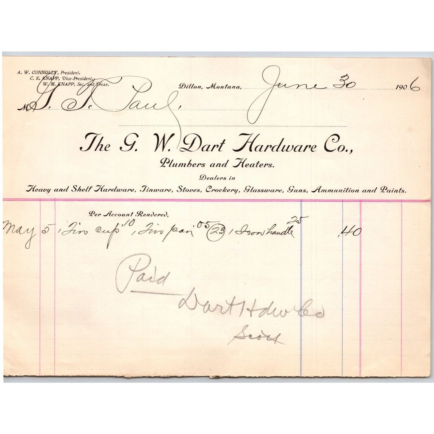 Dillon, MT G.W. Dart Hardware Co. Plumbers Heaters 1906 Billhead G.T. Paul*