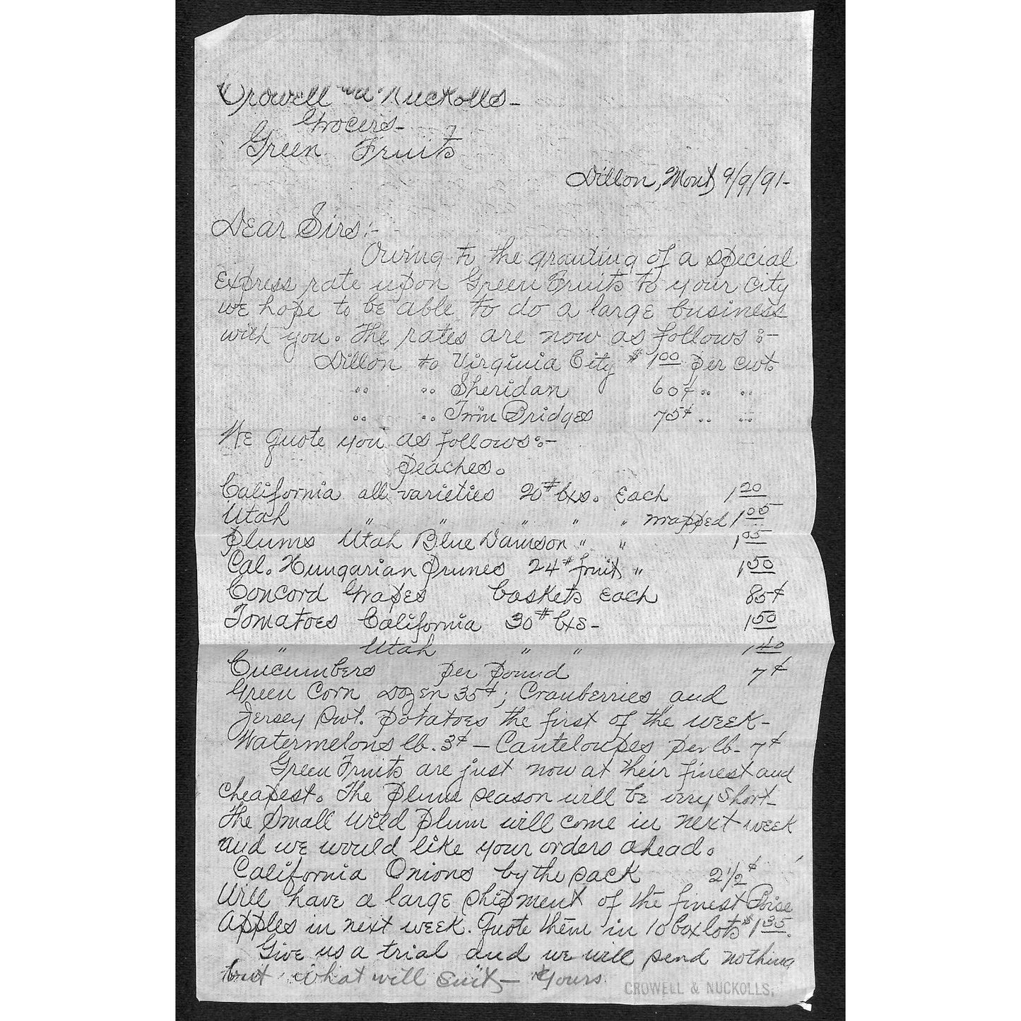 Dillion, MT Crowell & Nuckolls 1891 Green Fruits Price List - Scarce