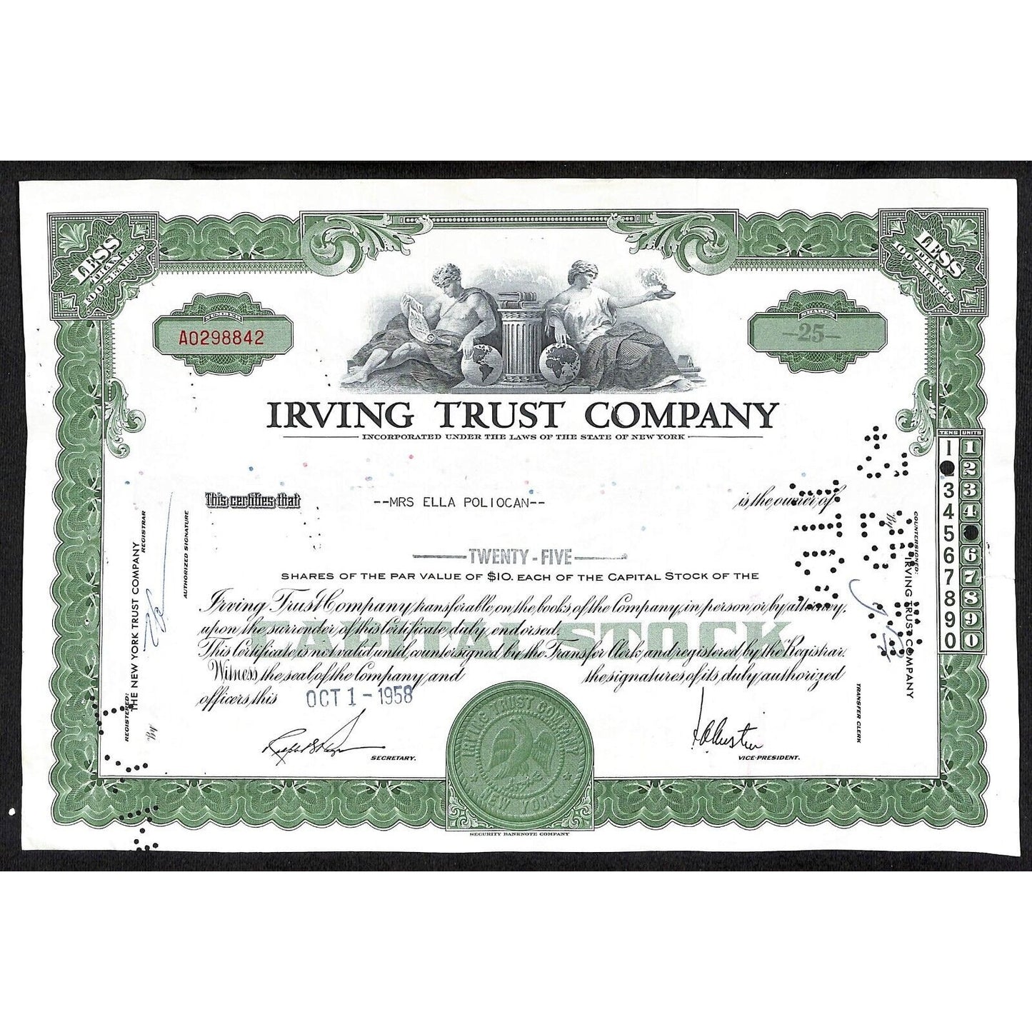 Irving Trust Company NY 1958 Stock Certificate Ella Polican