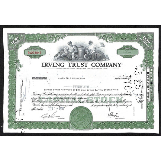 Irving Trust Company NY 1958 Stock Certificate Ella Polican