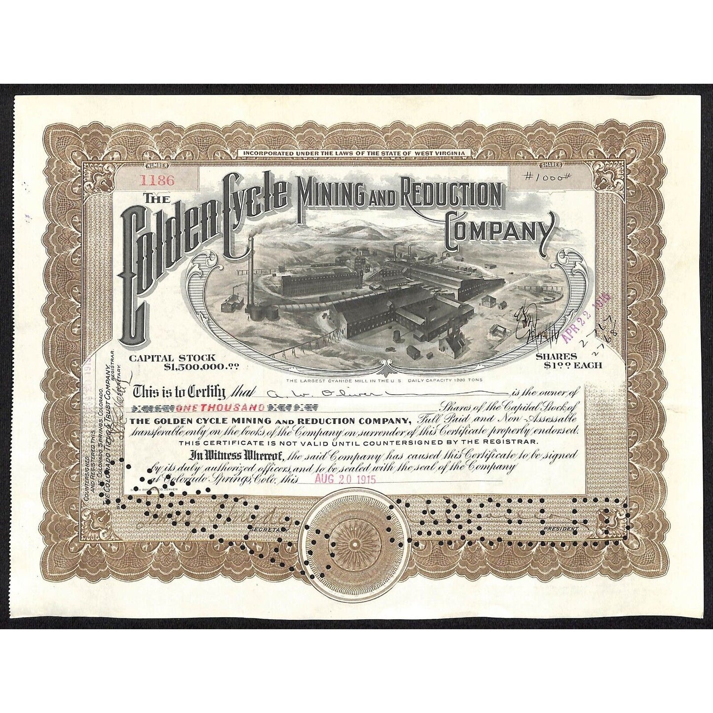 Golden Cycle Mining 1915 Stock Certificate w/ A.E. Carlton Sig. #1186