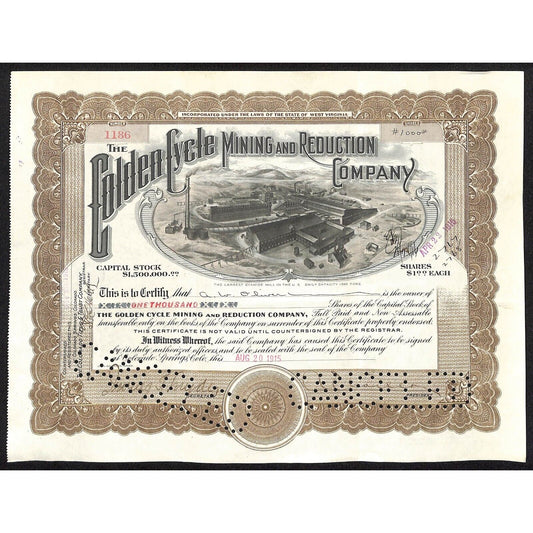 Golden Cycle Mining 1915 Stock Certificate w/ A.E. Carlton Sig. #1186