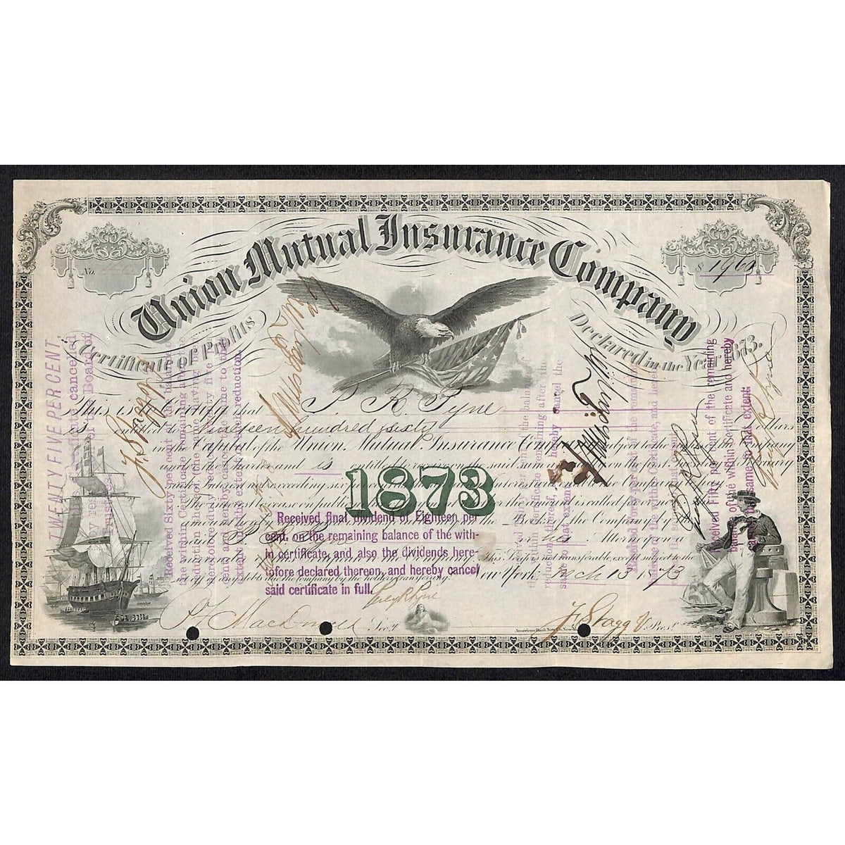 Union Mutual Insurance NY 1873 "Certificate of Profits" to P. R. Pyne / Percy R.