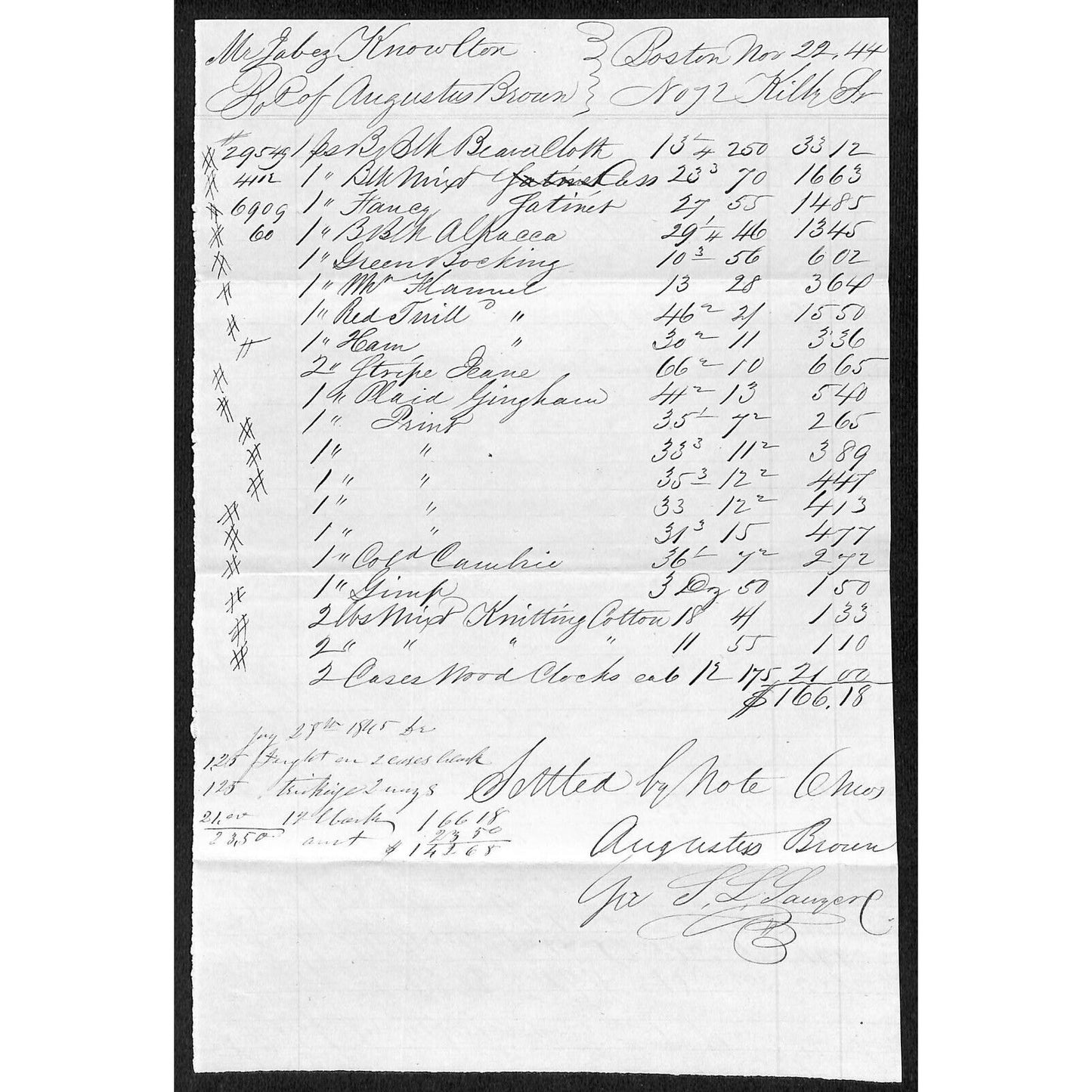 1844 Jabez Knowlton* Newburgh, ME Augustus Brown Boston Dry Goods Billhead