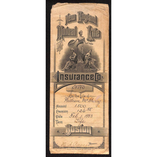 1883 New England Mutual Life Ins, Co. Boston Policy Sleeve Illustrated Vignette