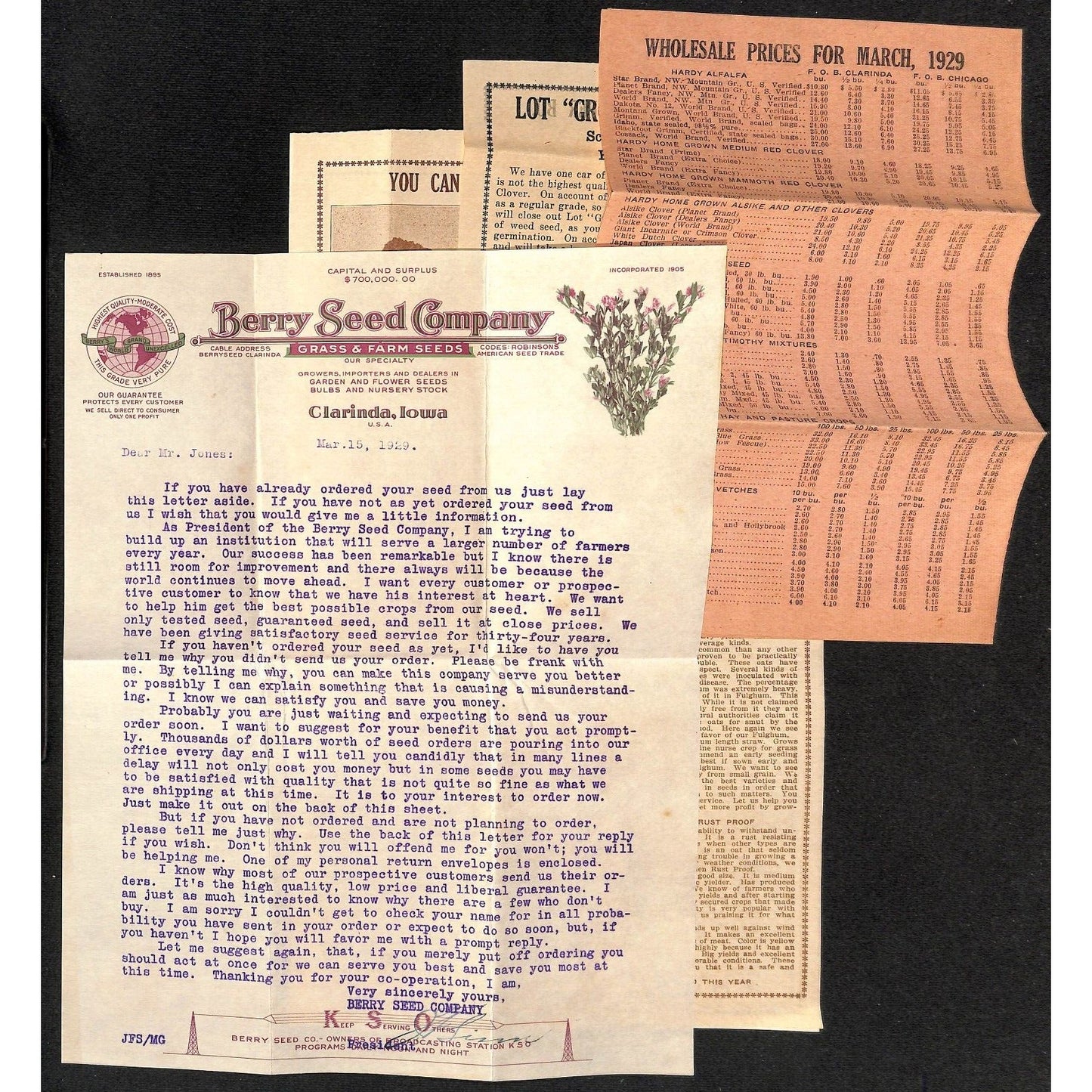 1929 Berry Seed Co. Clarinda, IA Letterheads, Product, Price Sheets & Packets