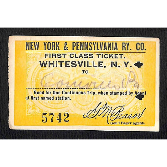 New York & Pennsylvania Ry 1917 "Large" First Class Ticket Whitesville #5742