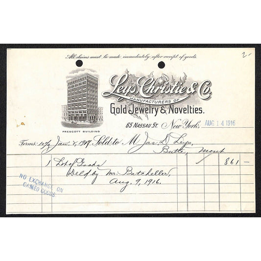 Leys, Christie & Co Nassau St. NYC / Butte, MT Gold Jewelry 1916 Billhead