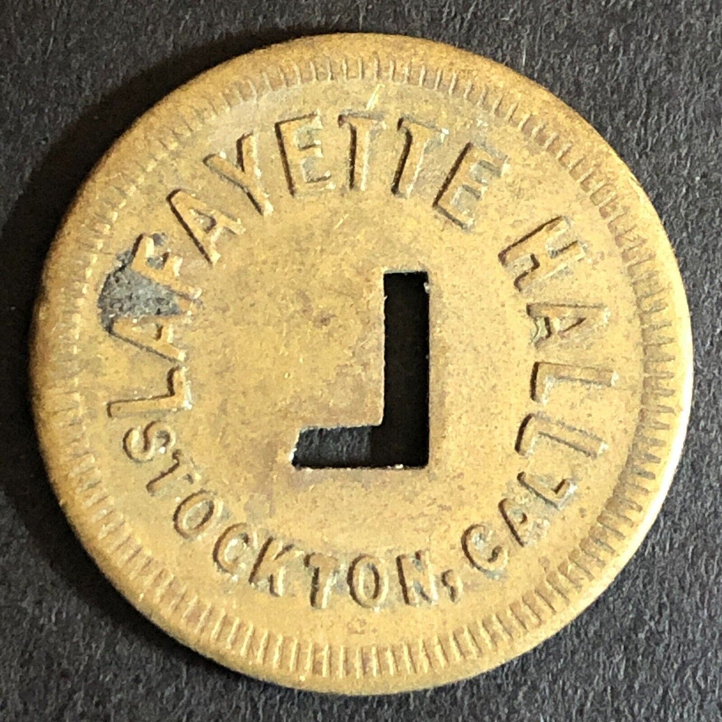 Lafayette Hall Stockton, CA Brass Trade Token w/ "L" Cutout 24mm VGC - Scarce