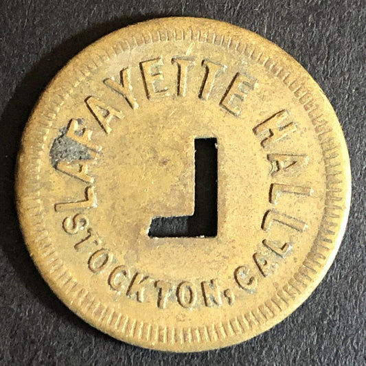 Lafayette Hall Stockton, CA Brass Trade Token w/ "L" Cutout 24mm VGC - Scarce