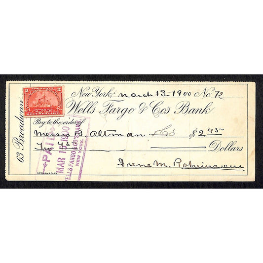 1900 Wells Fargo & Co Bank 63 Broadway NYC Check #72 w/ Rev Stamp B. Altman