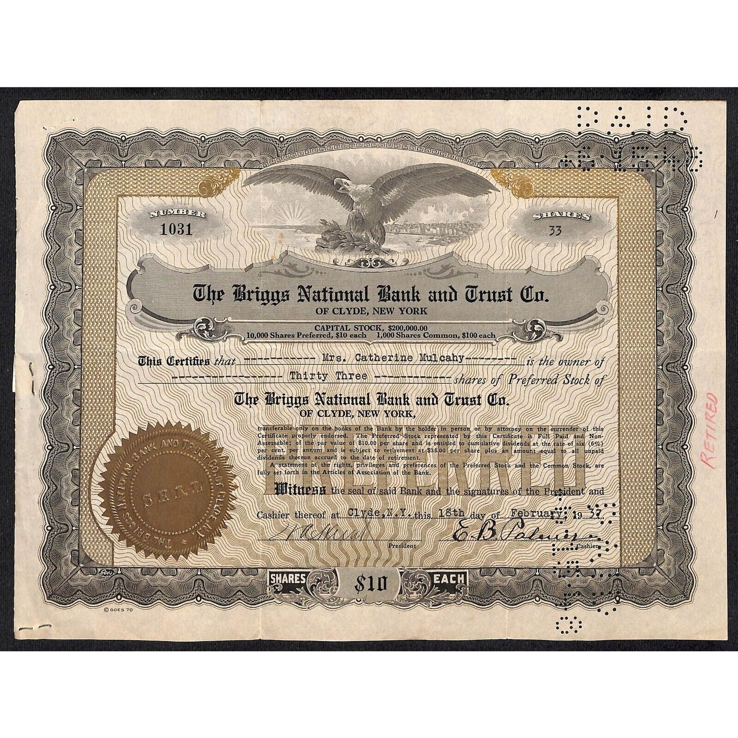 Briggs National Bank and Trust Clyde NY 1937 Stock Certificate Catherine Mulcahy