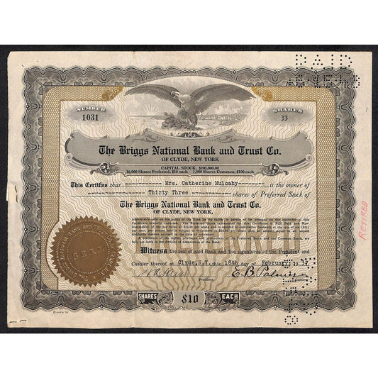 Briggs National Bank and Trust Clyde NY 1937 Stock Certificate Catherine Mulcahy