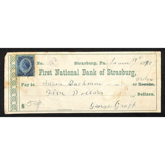 First National Bank of Strasburg, PA Susan Bachman 1880 Bank Check