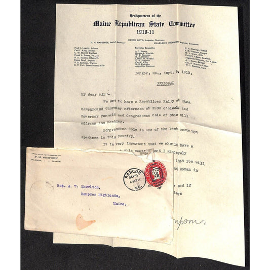Maine Republican State Committee Letterhead & Cover 1910 VGC Knowlton*