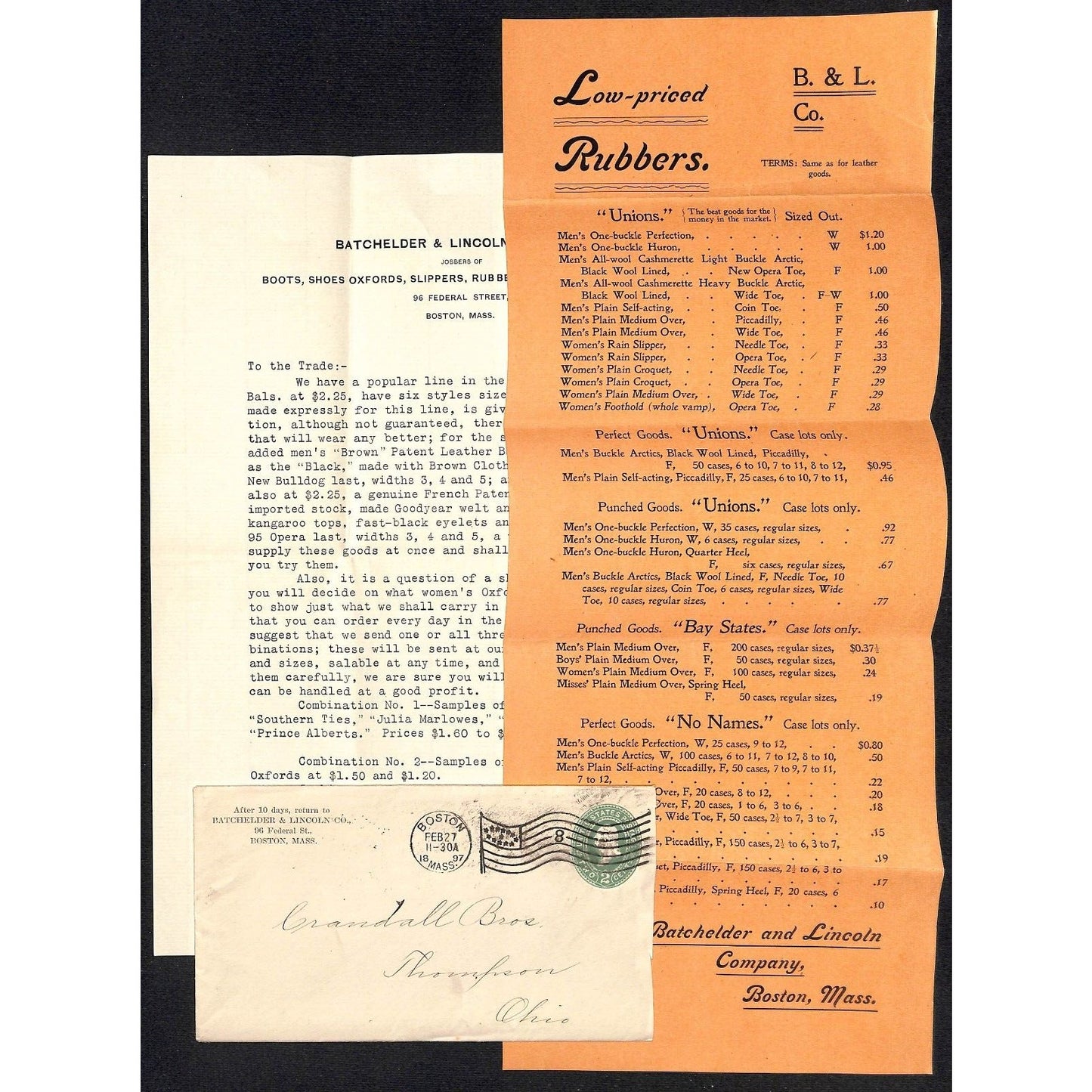 Batchelder & Lincoln Co. Boston 1897 Letterhead, Product Sheet & Cover VGC