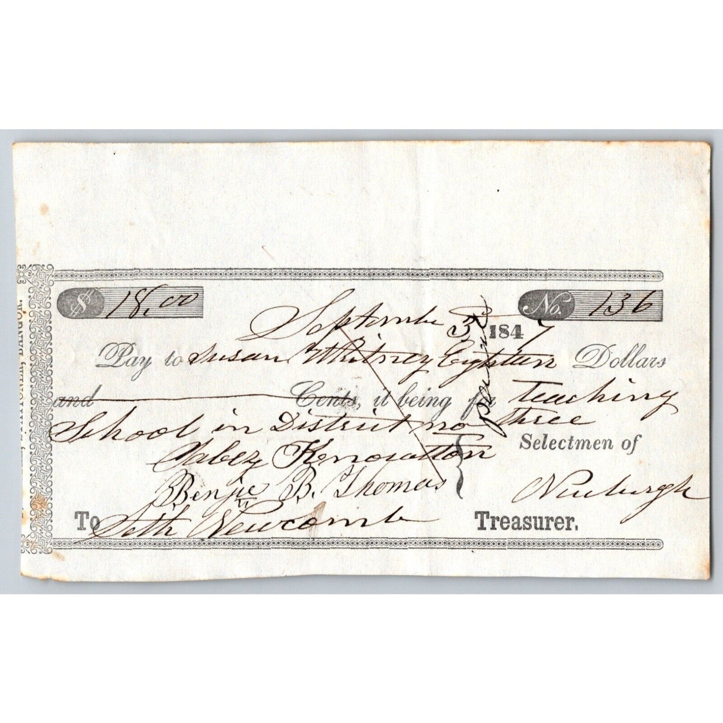 1847 Jabez Knowlton* Newburgh ME Town Check to Susan __berg? for Teaching School