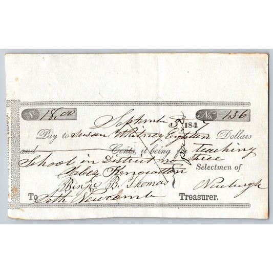1847 Jabez Knowlton* Newburgh ME Town Check to Susan __berg? for Teaching School