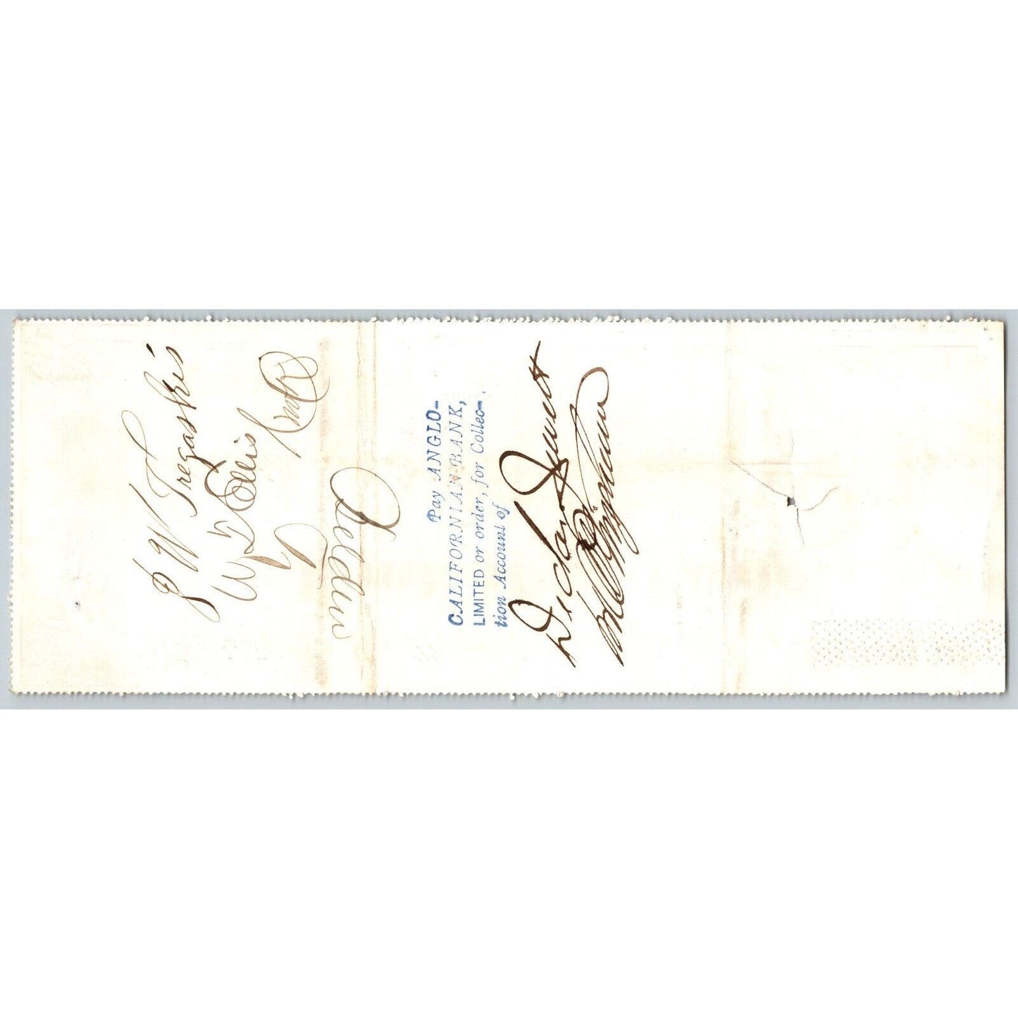 Bank of La Porte Check Tregasrio ? 1878 Mining Vignette RN-G1 Rev Stamp #4456