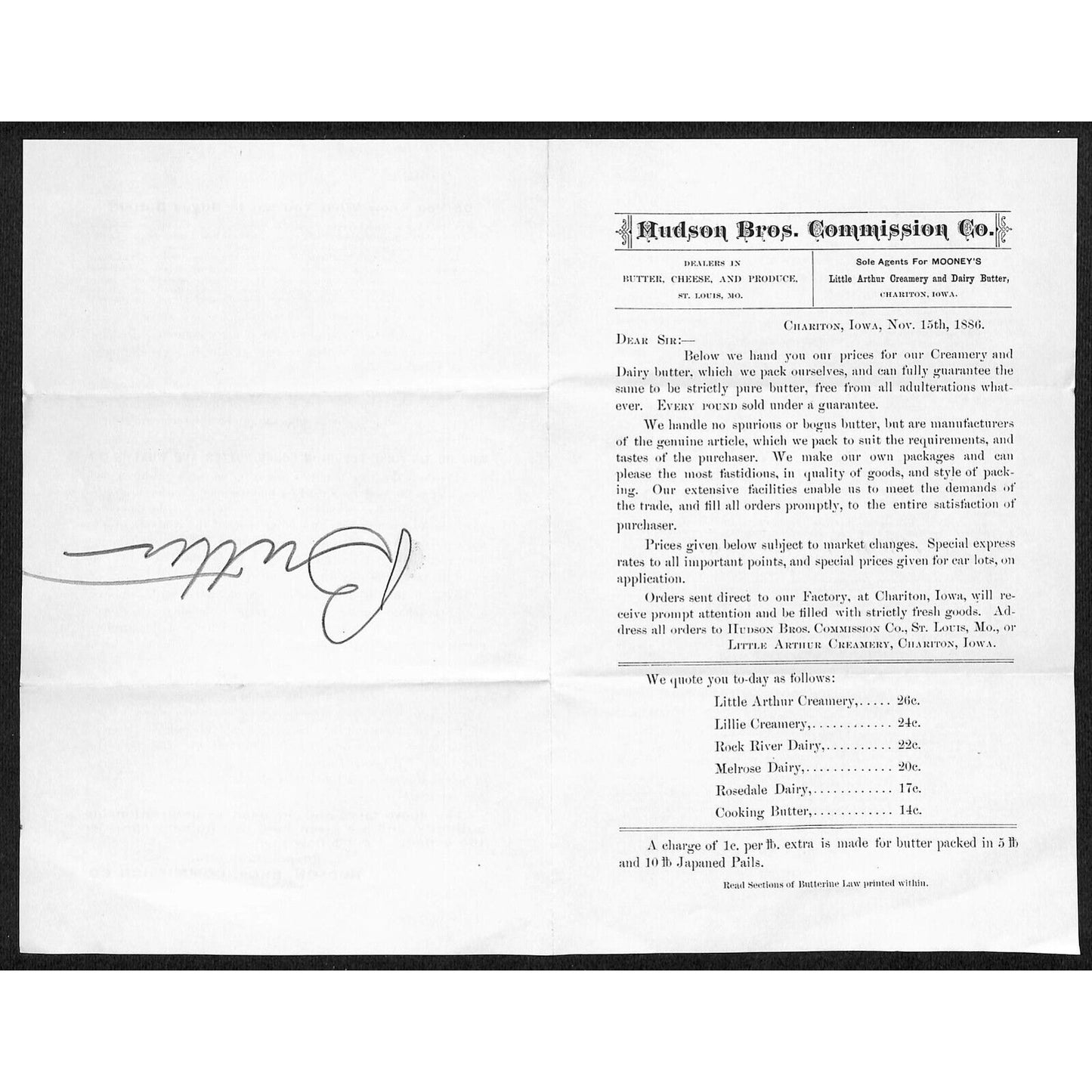 Hudson Bros. Commission Co. Chariton, IA 1886 Dairy Price Sheet VGC Scarce