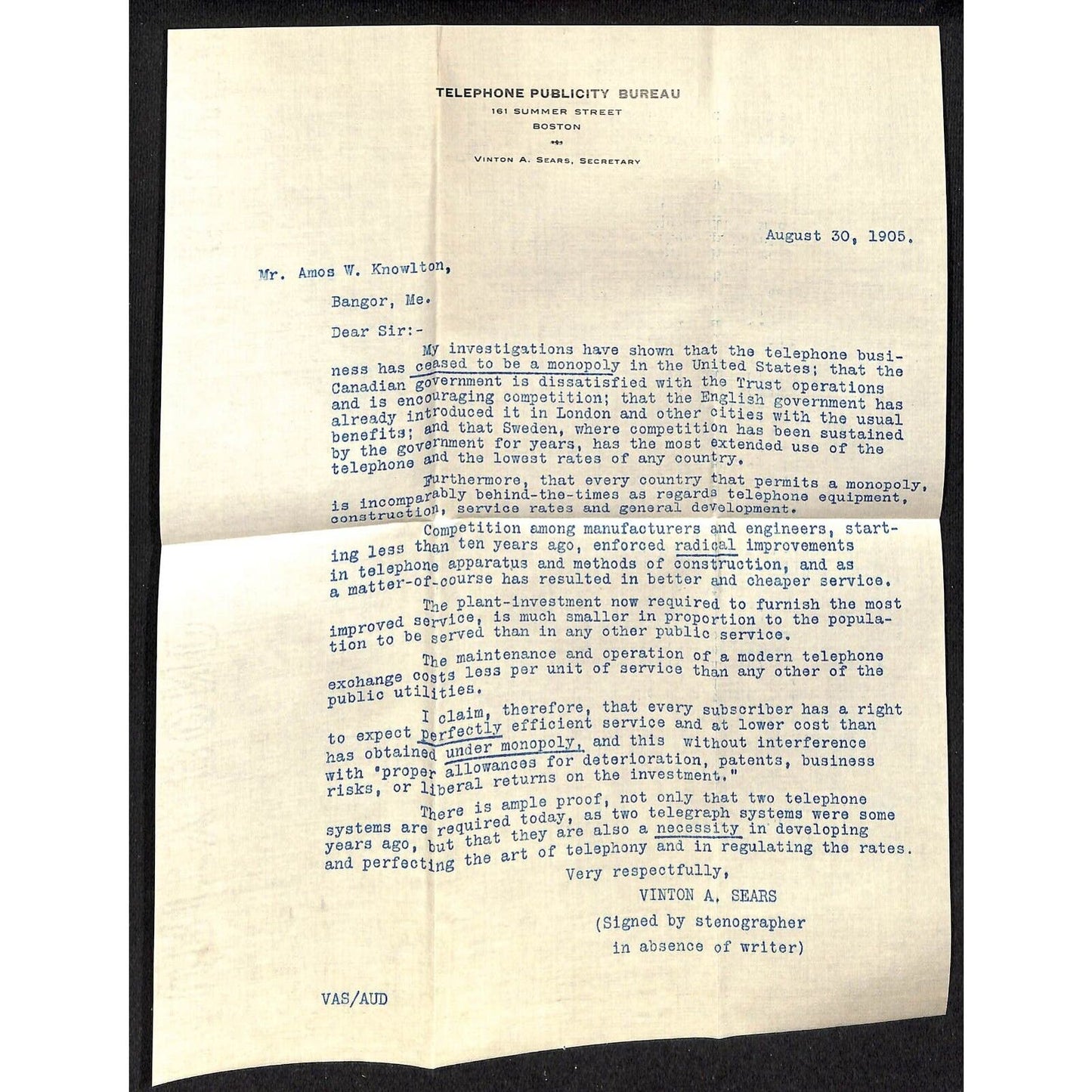 Boston, MA 1905 Telephone Publicity Bureau Letterhead & Cover Knowlton*