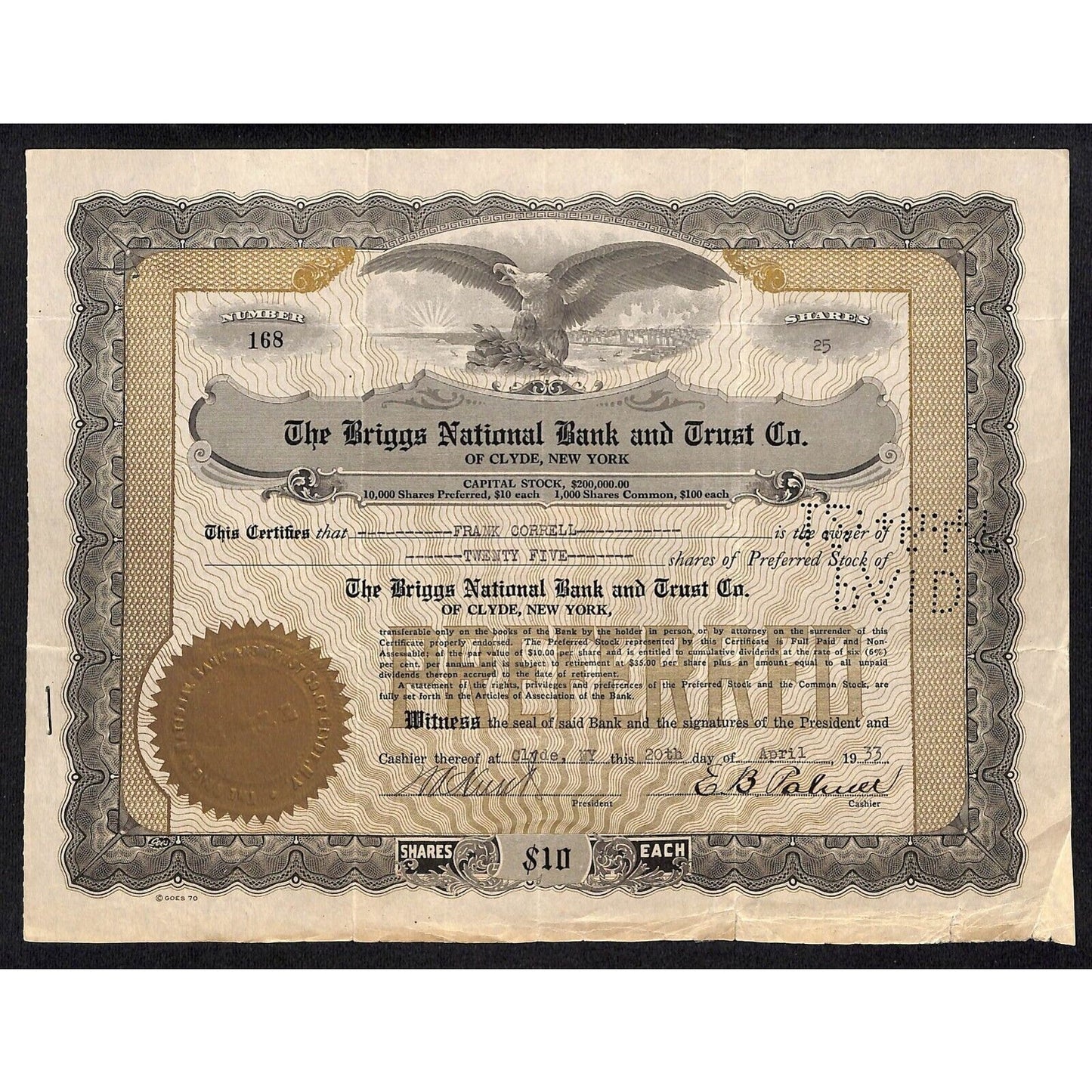 Briggs National Bank Trust Clyde, NY 1933 Stock Certificate to Frank Correll