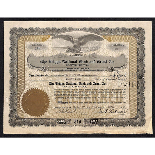 Briggs National Bank Trust Clyde, NY 1933 Stock Certificate to Frank Correll