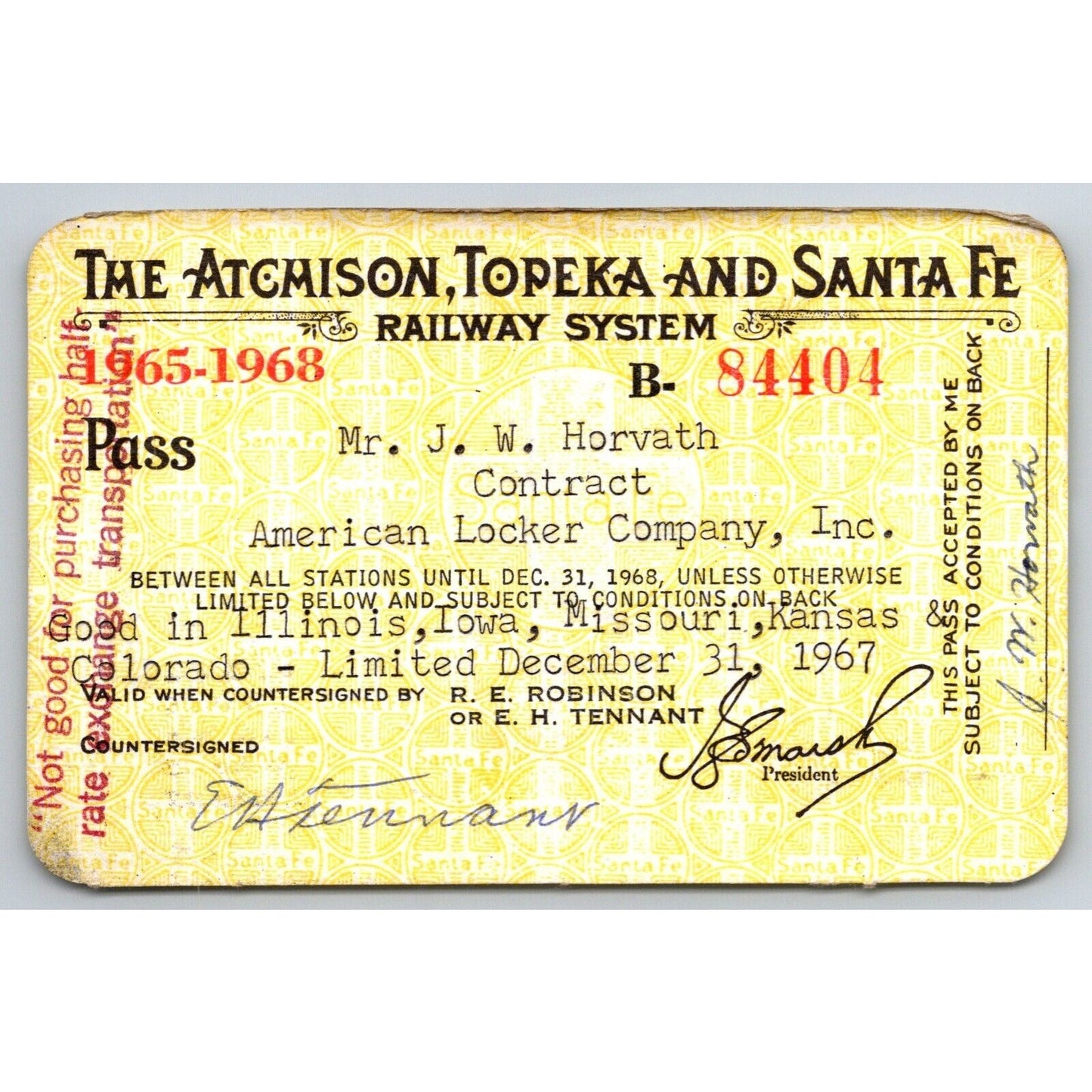 Atchison, Topeka and Santa Fe Railway System 1965-68 Yearly Train Pass #84404