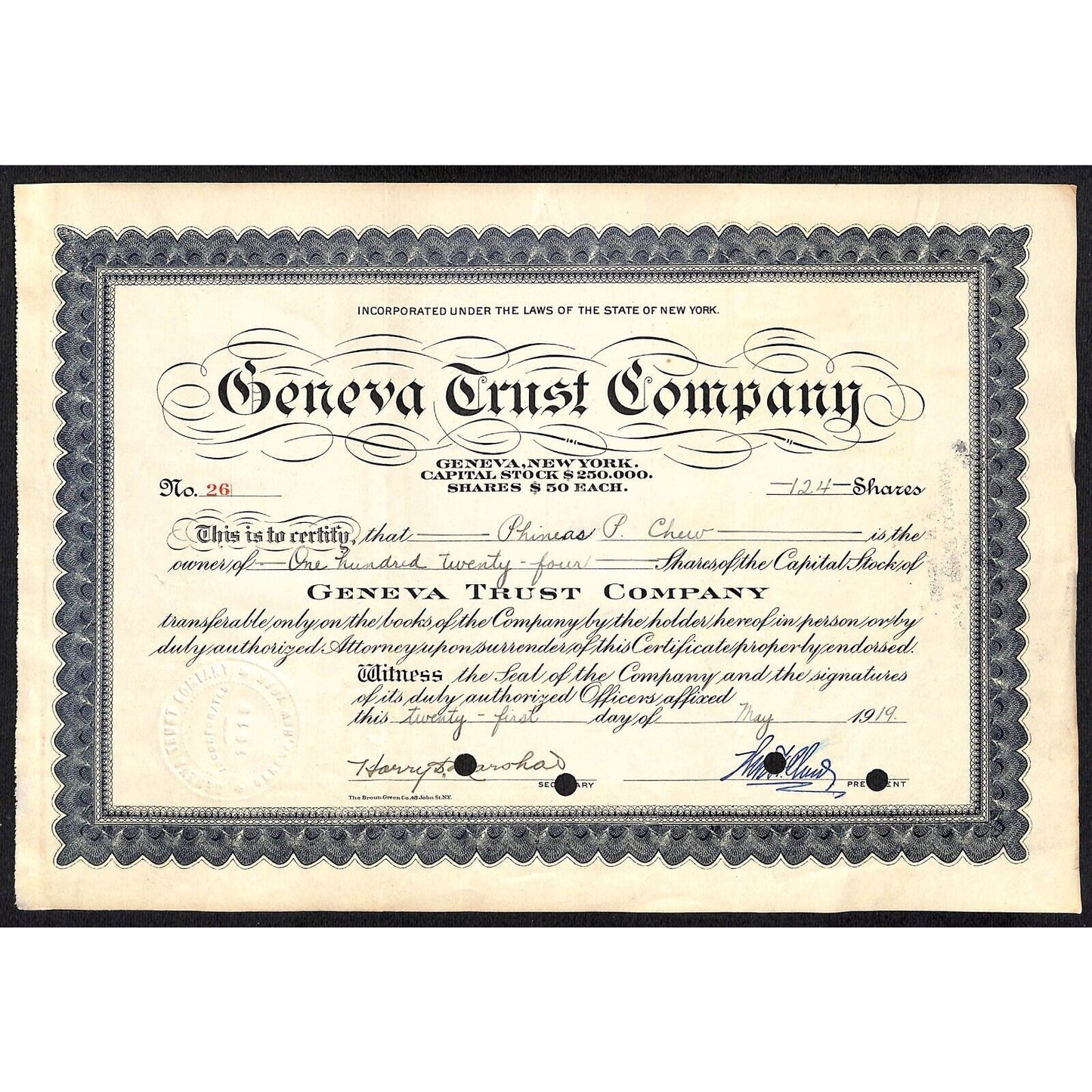 Geneva Trust Company NY 1919 Stock Certificate to Phineas P. Chew #26