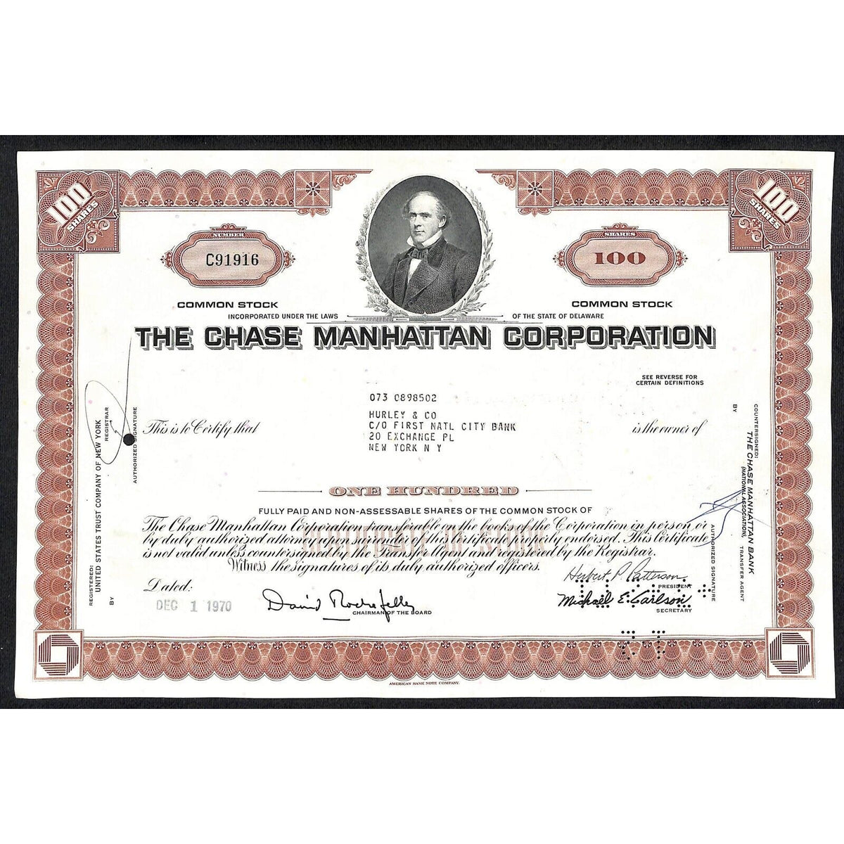 Chase Manhattan Corp 1970 Stock Certificate Hurley & Co. VGC Early Logo*