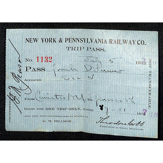 New York & Pennsylvania Railroad NYP July 5 1917 Trip Pass Ticket #1132 Scarce