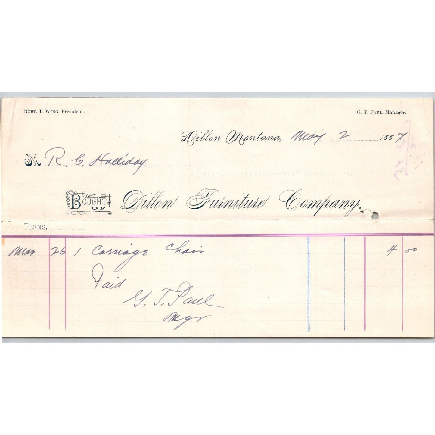 Dillon MT Dillon Furniture 1887 Billhead R.C. Halliday*