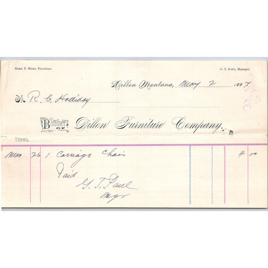 Dillon MT Dillon Furniture 1887 Billhead R.C. Halliday*