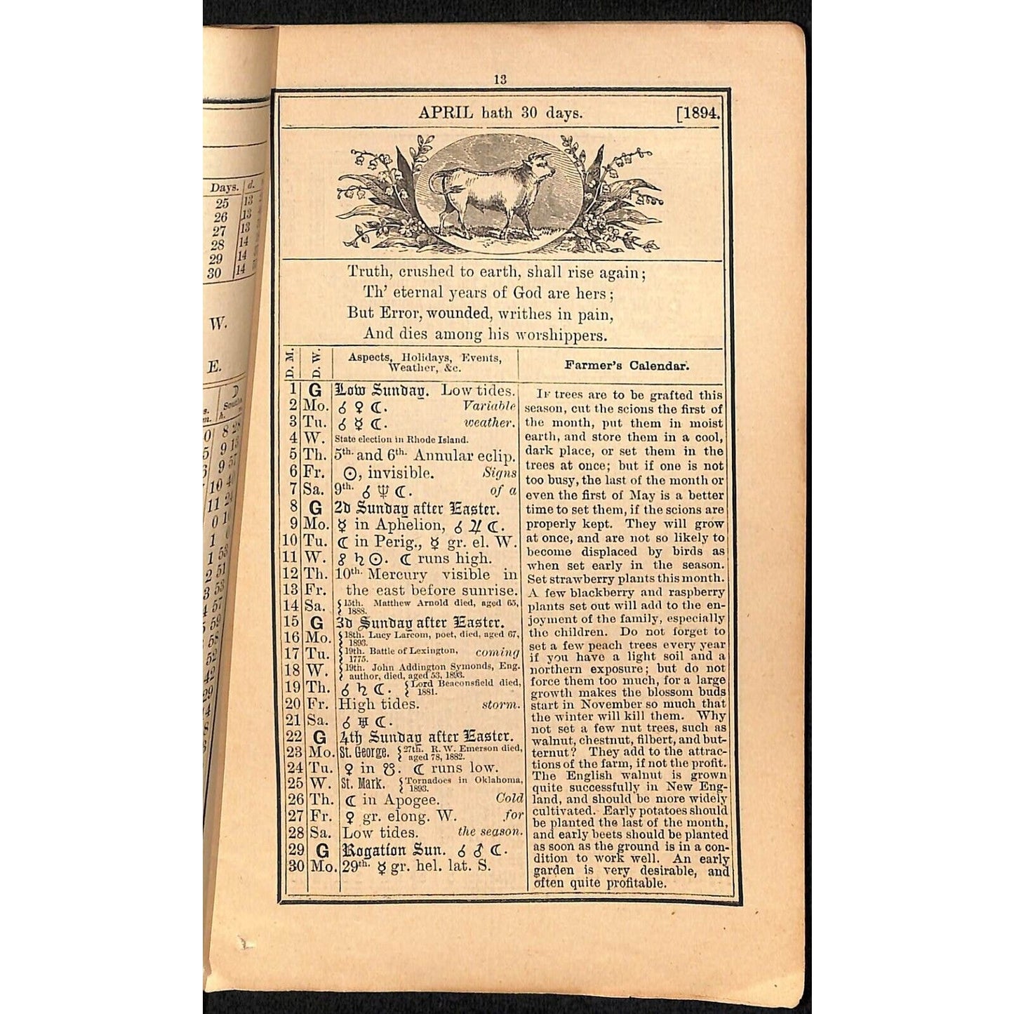 1894 Old Farmer's Almanac 48pp William Ware & Co., Boston / Columbia Bicycles Ad