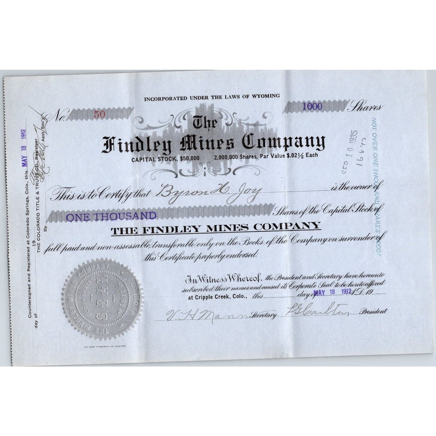 Findley Mines Company 1912 Stock Certificate Cripple Creek District #50