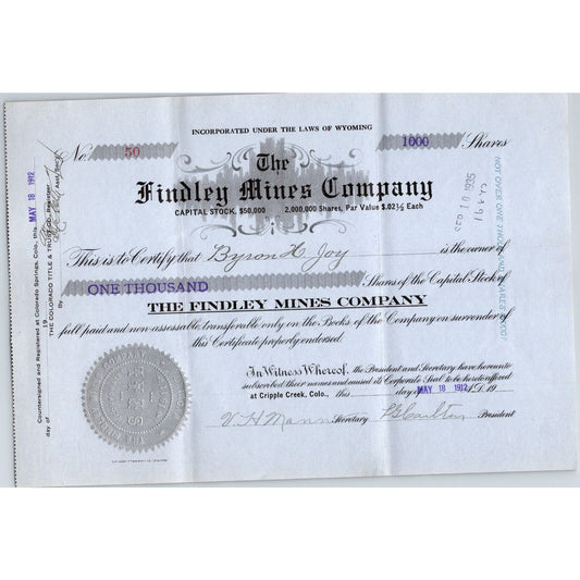 Findley Mines Company 1912 Stock Certificate Cripple Creek District #50