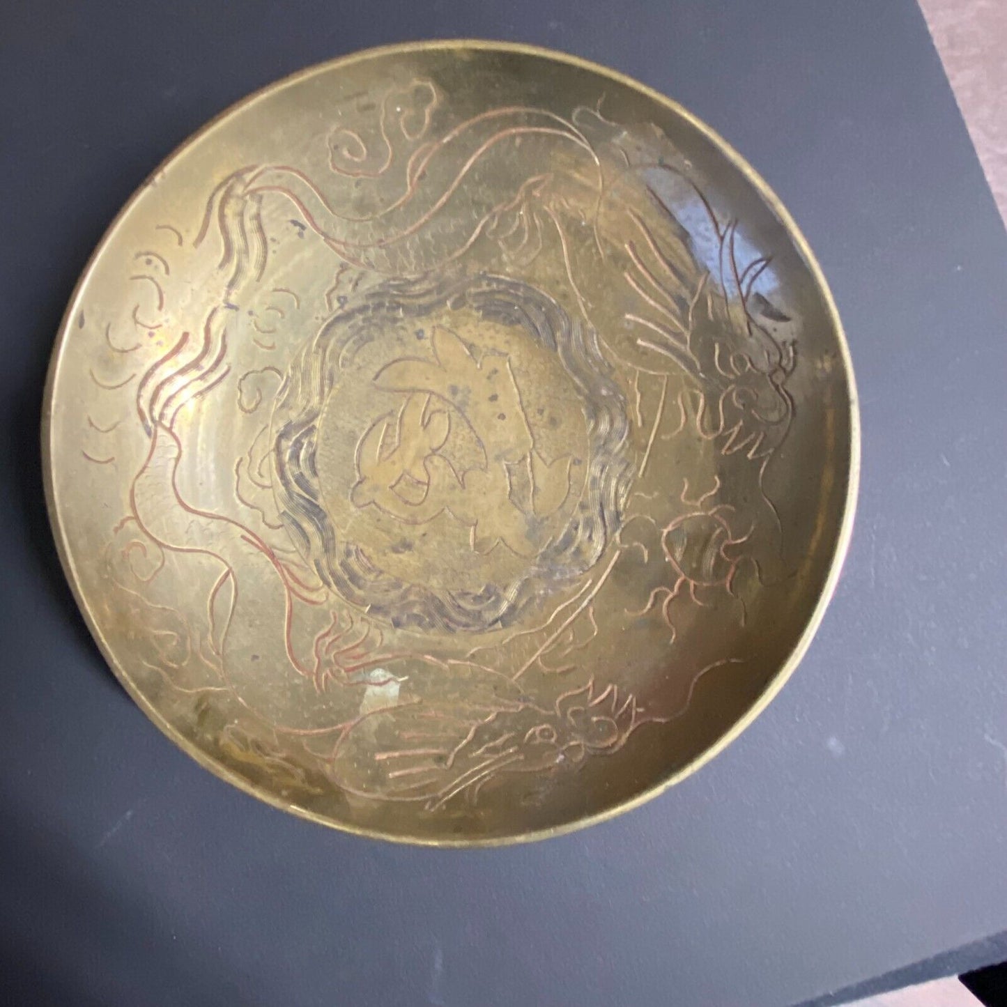 Vintage Lacquered Brass? Engraved Dragon Bowl / Dish 6" dia. 9oz. Marked China