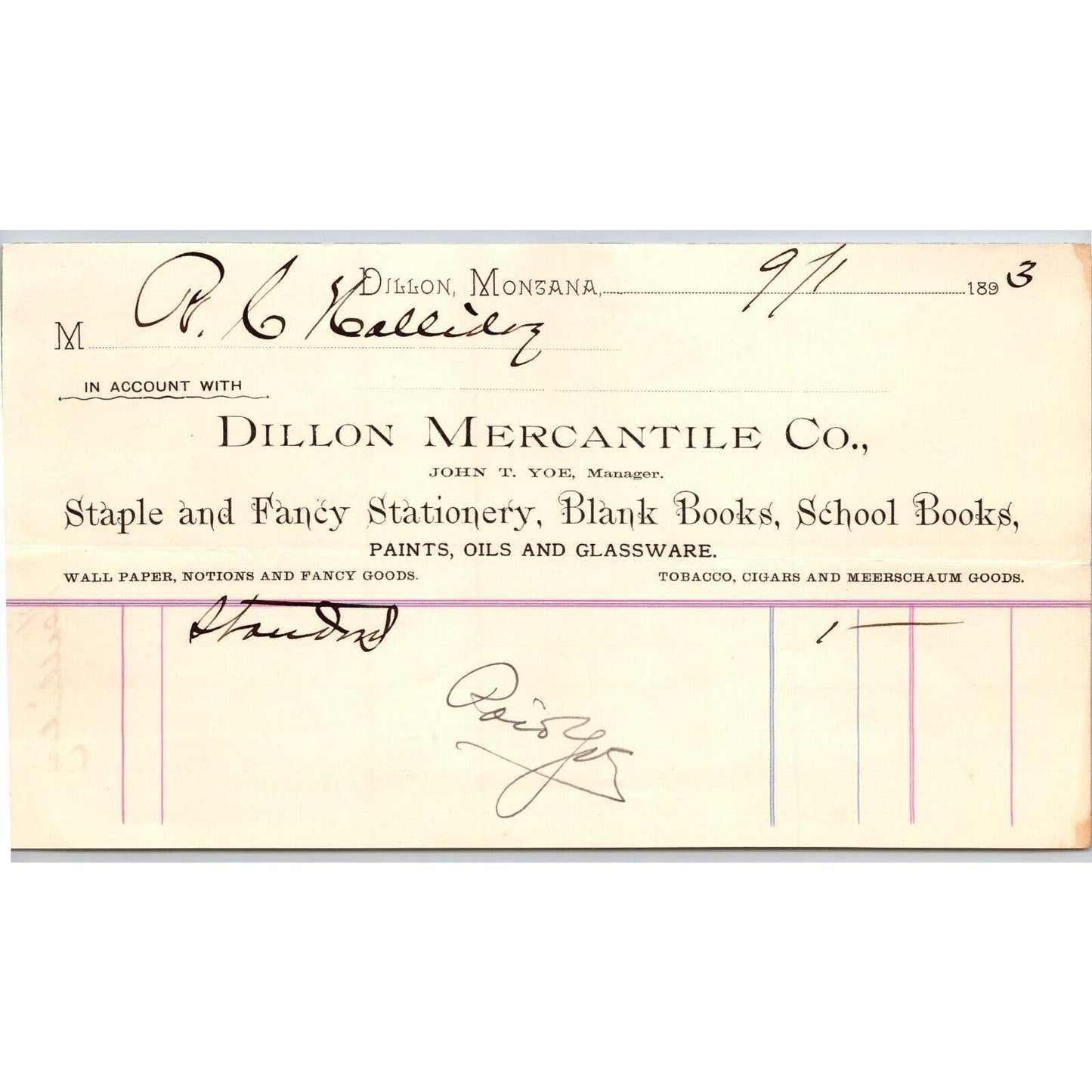 Dillon MT Dillon Mercantile Co. Stationary Books 1893 Billhead - R.C. Halliday*