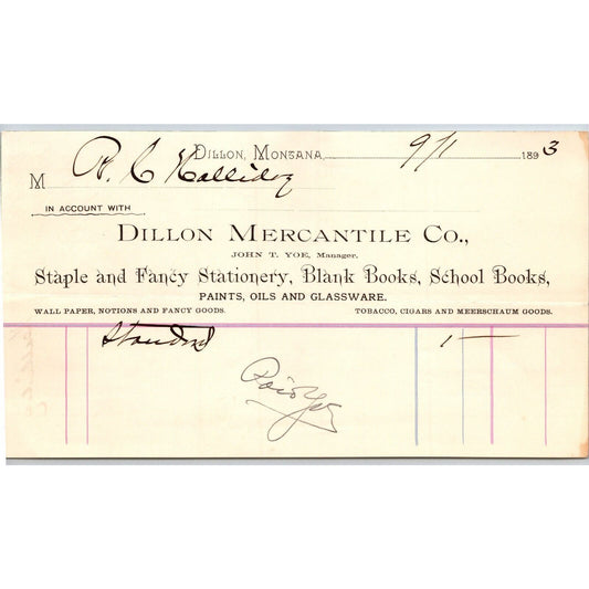 Dillon MT Dillon Mercantile Co. Stationary Books 1893 Billhead - R.C. Halliday*