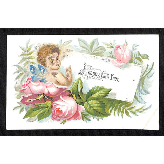 Happy New Year Victorian Trade Card Holiday Floral Roses Cherub ? VGC