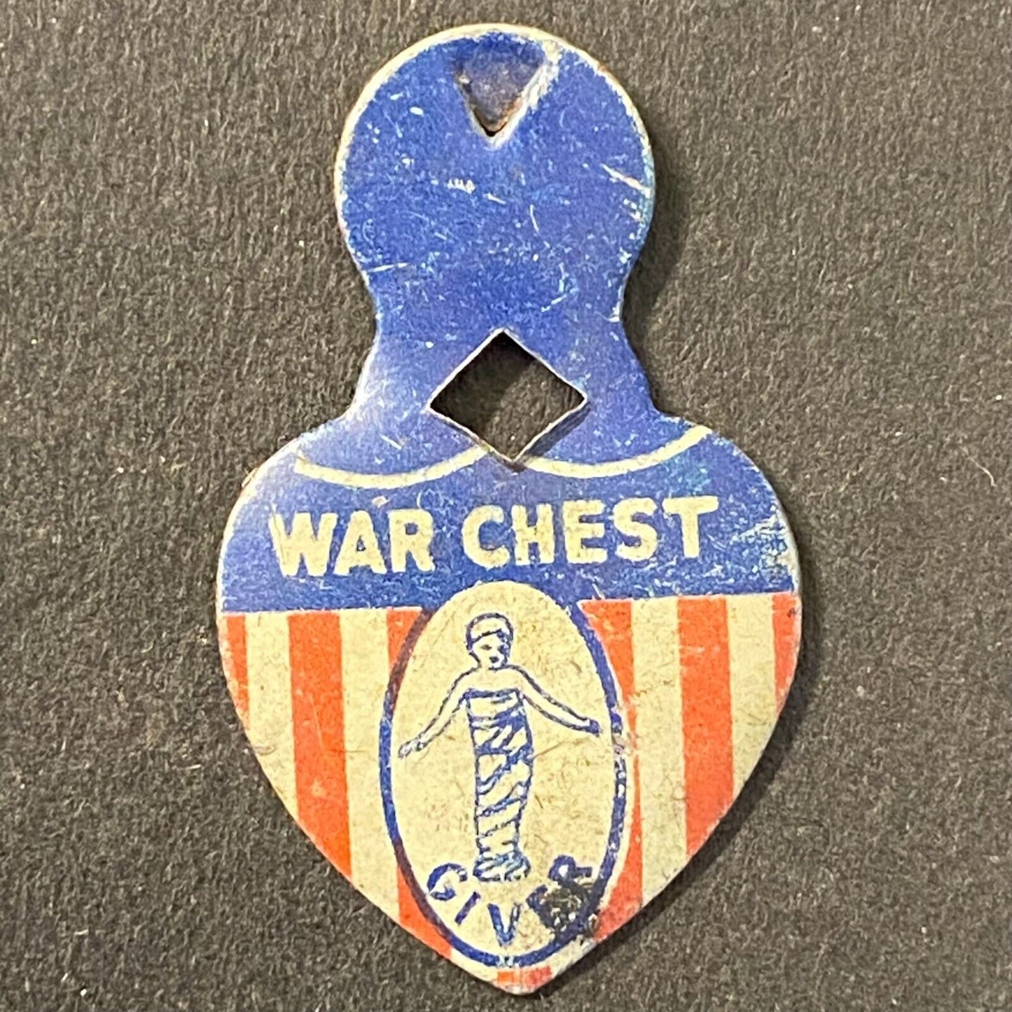 War Chest "Giver" Heart Shaped Steel Fold Over Lapel Pin 5/8" x 3/4" WWII Era