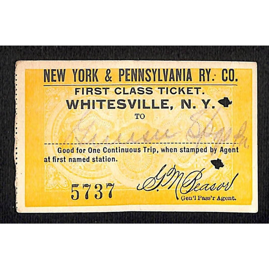 New York & Pennsylvania Ry 1917 "Large" First Class Ticket Whitesville #5737